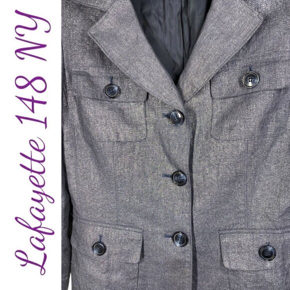 LAFAYETTE 148 NY 100% Linen Charcoal Gray Metallic Silver Blazer Jacket, Size 4 - Picture 5 of 9